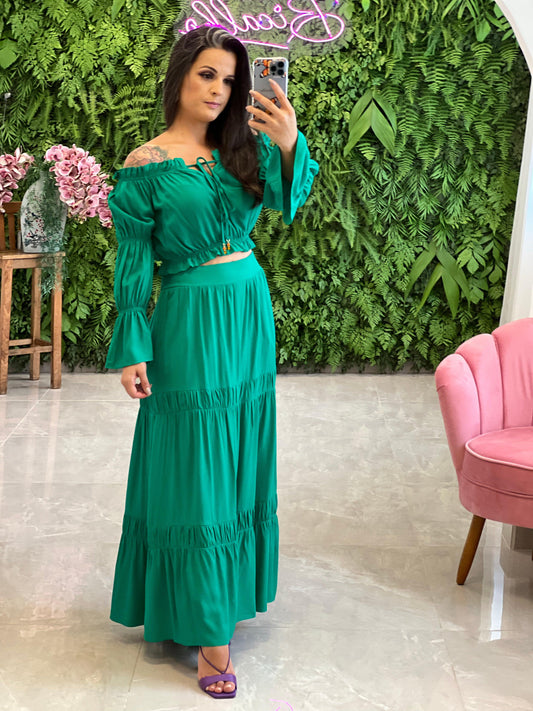 Cropped Shoulder to Shoulder Skirt Set - Green