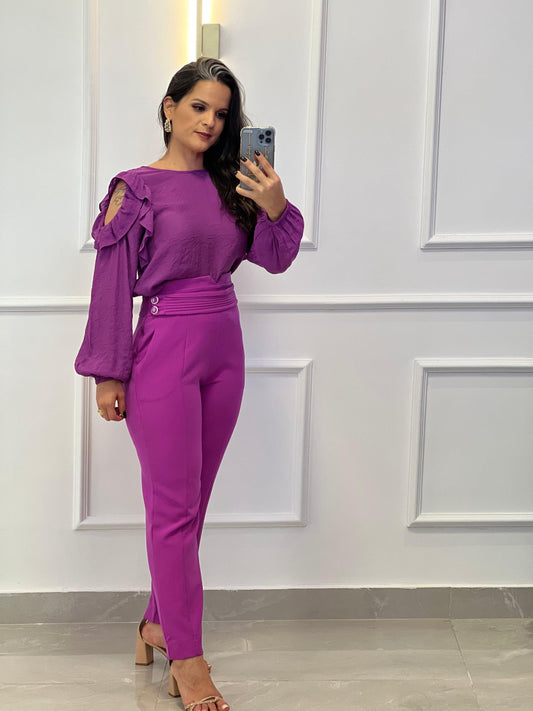 Crepe Side Button Pants - Fuchsia