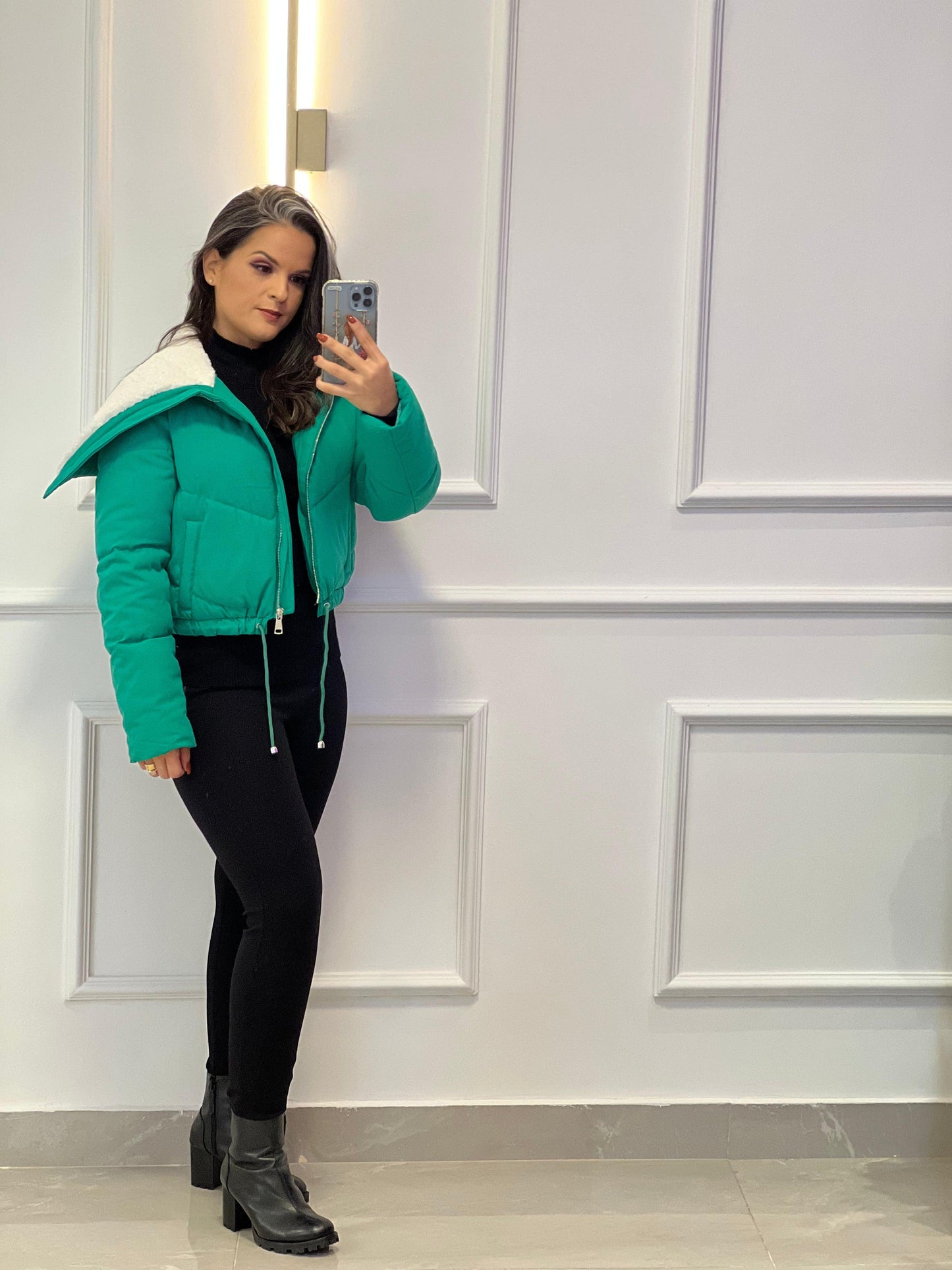 Chaqueta acolchada con cuello de piel - Verde