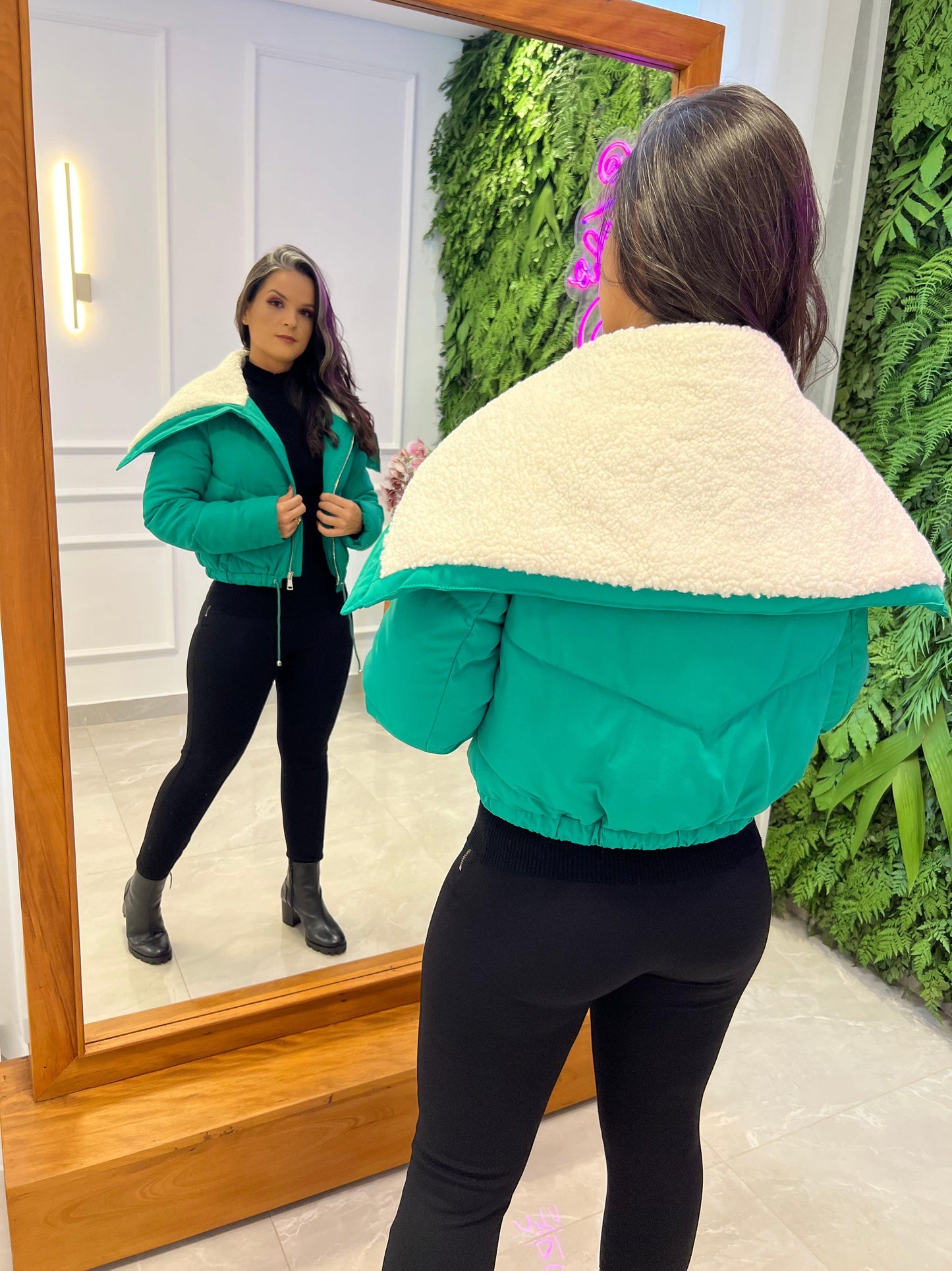 Chaqueta acolchada con cuello de piel - Verde