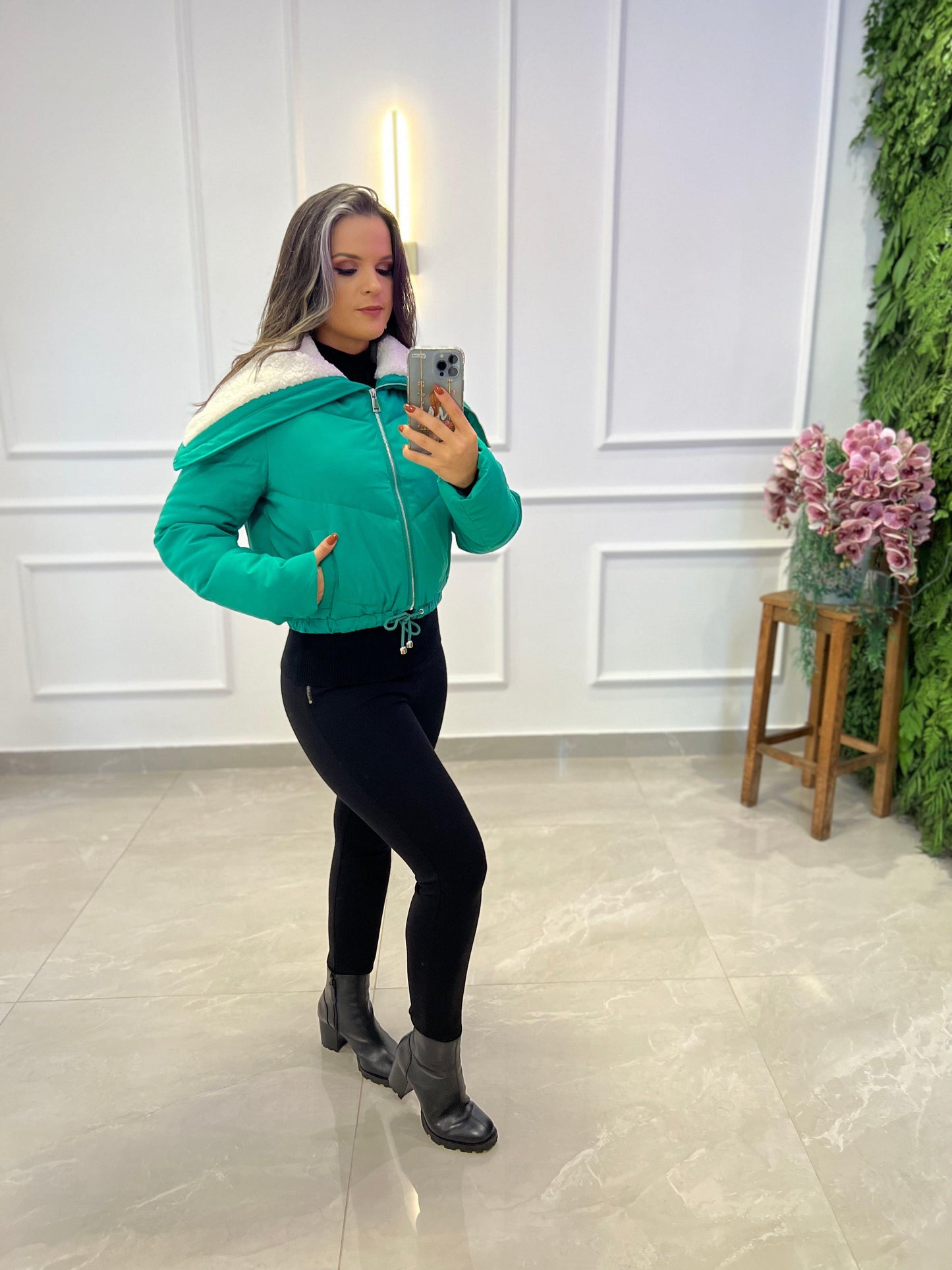 Chaqueta acolchada con cuello de piel - Verde