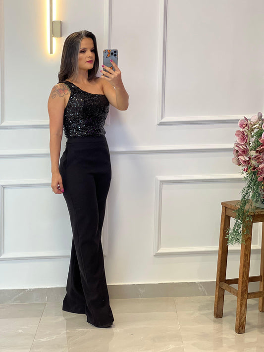 Macacão Nula Manga Busto Paete - Liso Preto 4318