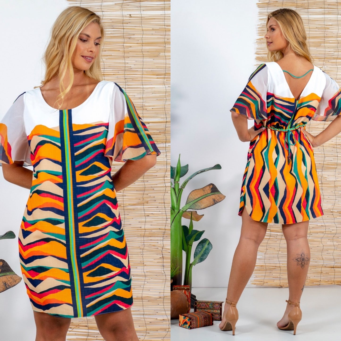 Crepe Butterfly Sleeve Short Dress - Printed