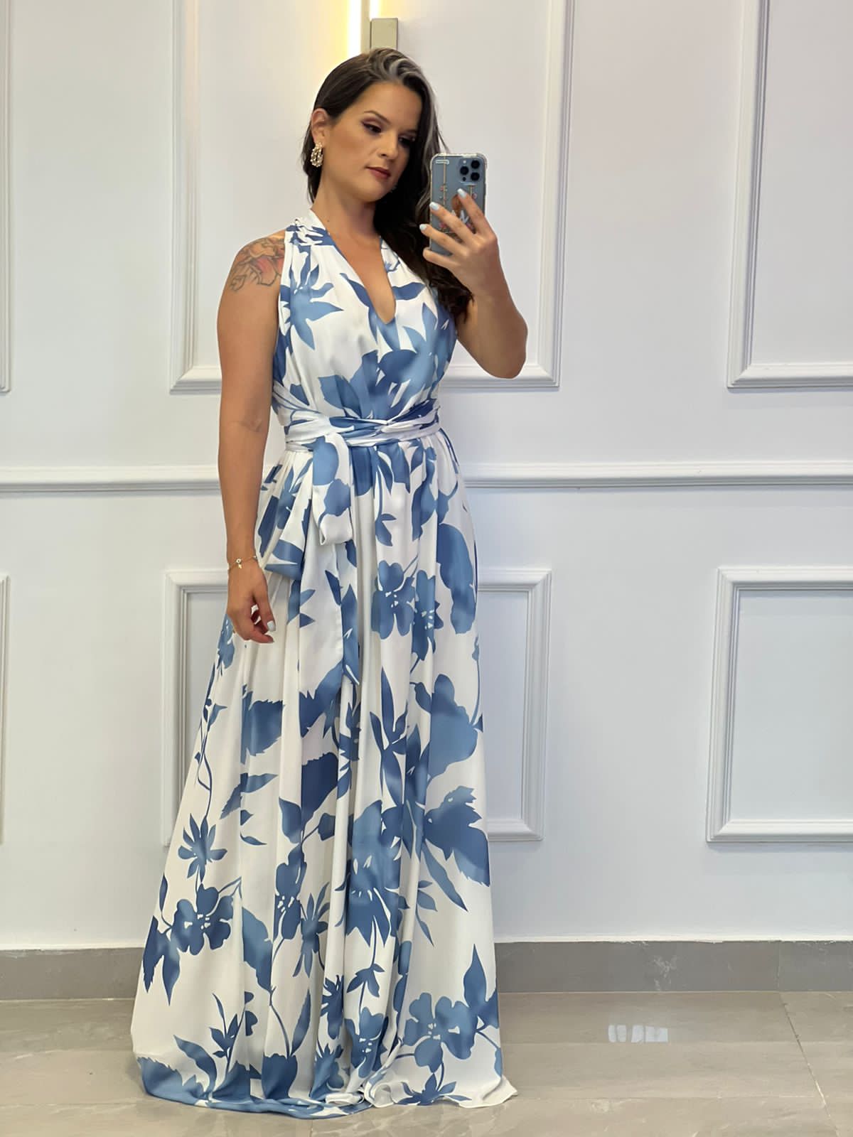 Vestido Longo Conf Tamanho Único Sem Manga - Estampado Azul