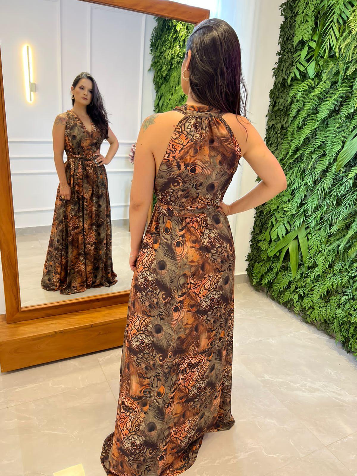 Vestido Longo Conf Tamanho Único Sem Manga Pavão- Estampado