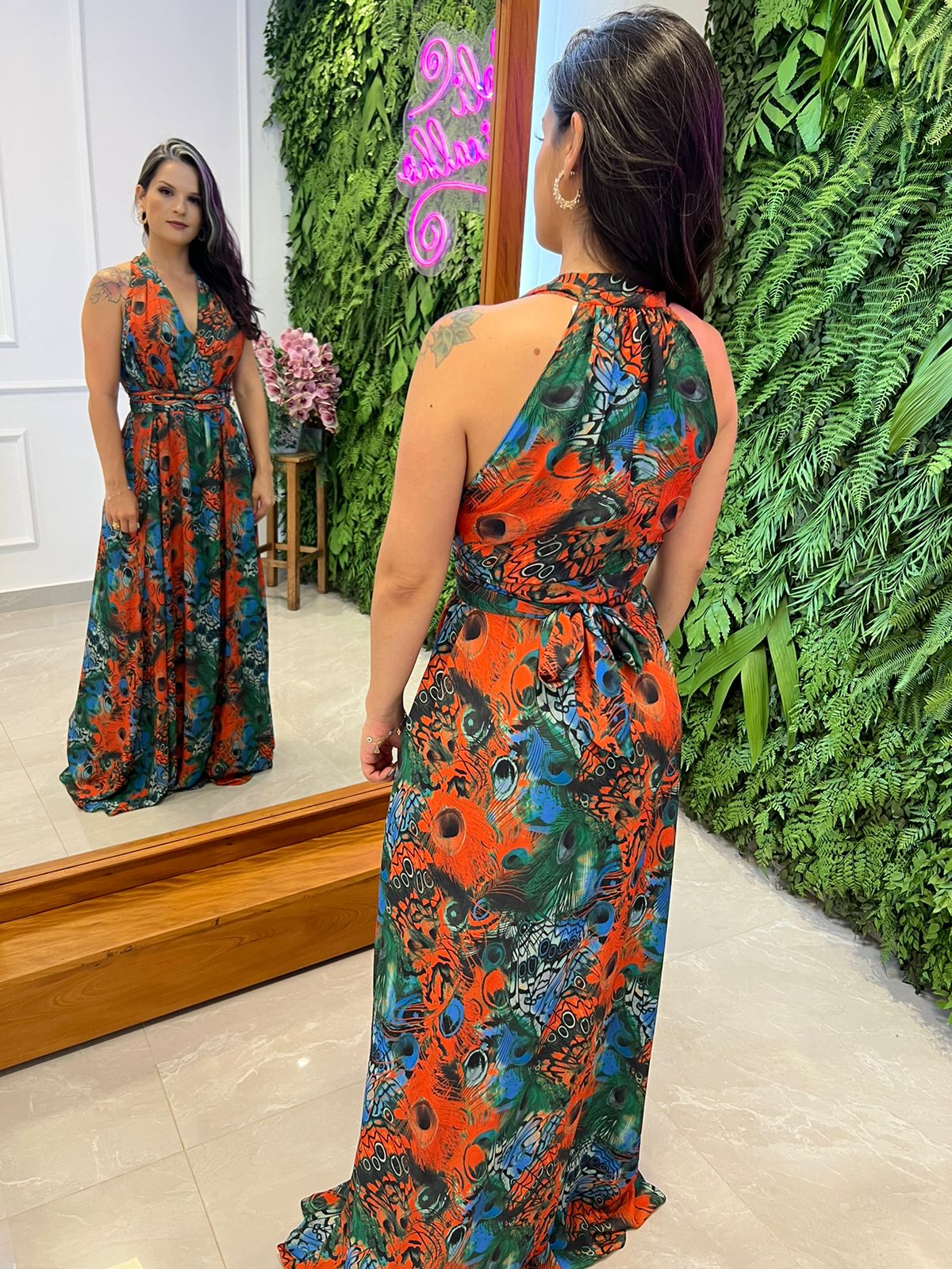 Vestido Largo Talla Única Sin Mangas Pavo Real - Estampado Azul