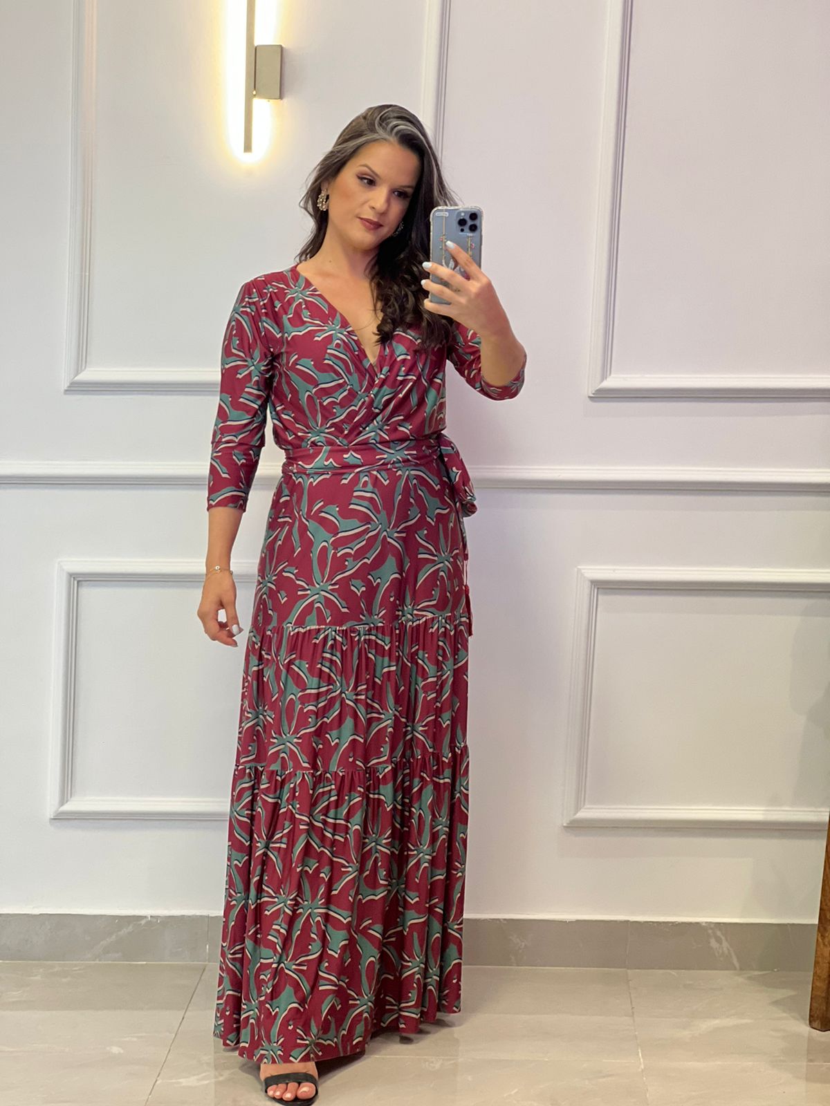 Jersey Wine Long Dress - Printed
