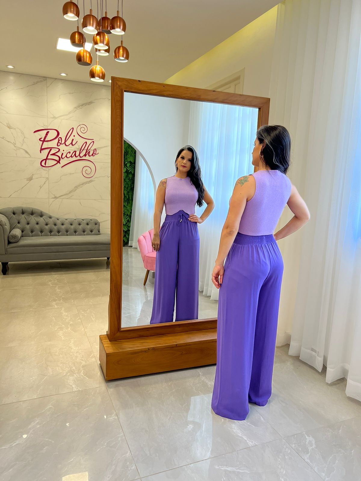 Calça Pantalona Crepe Pala em Lastex - Roxo