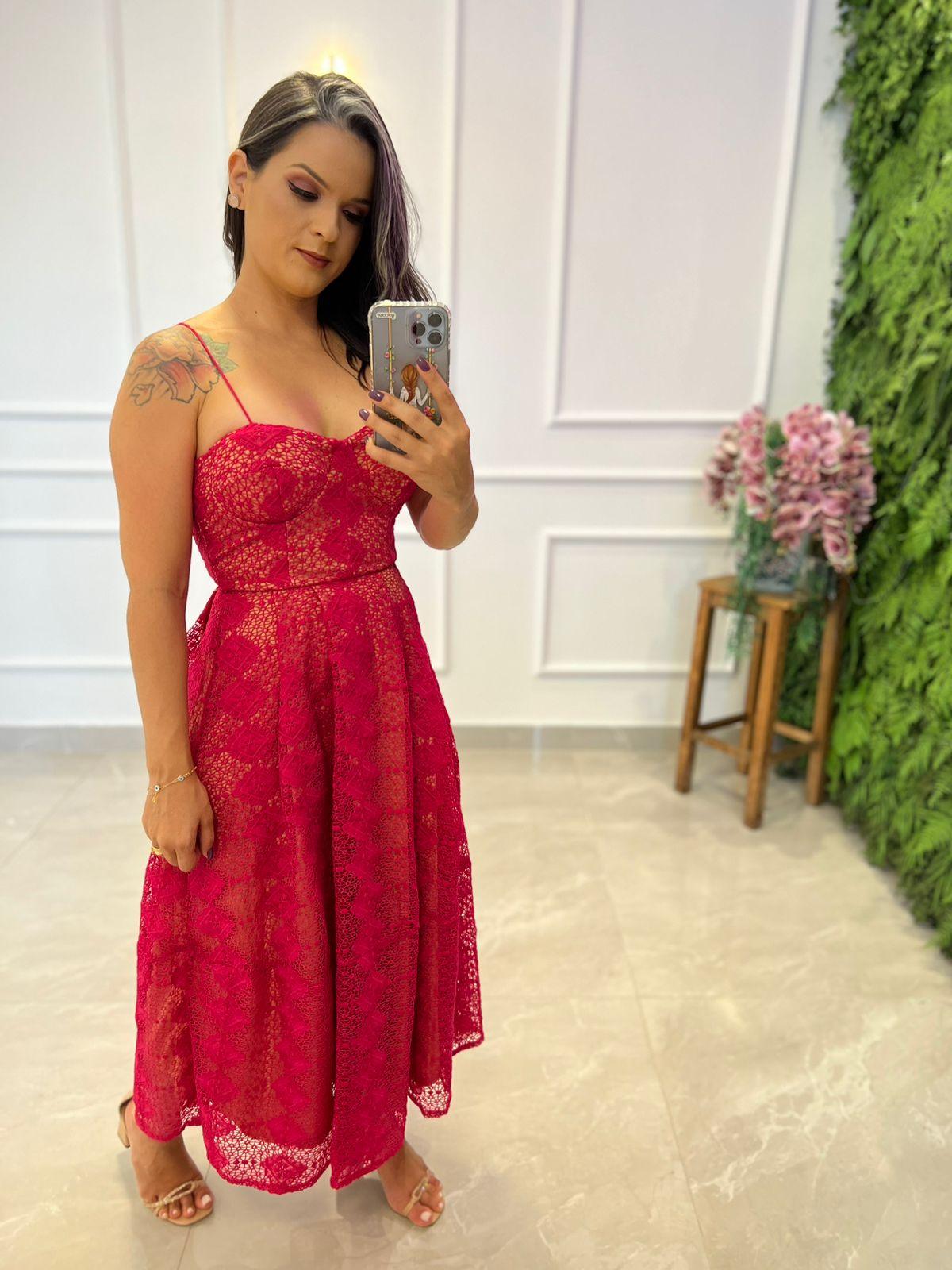 Vestido Midi De Encaje Con Tirantes Finos - Rosa