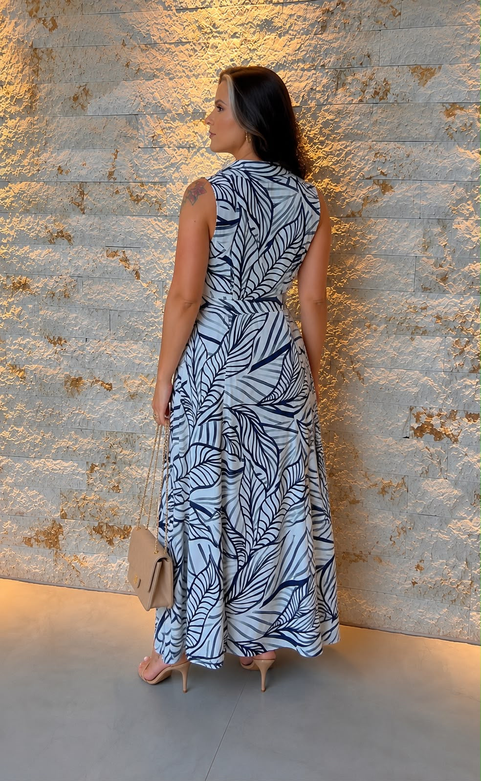 Vestido Midi Cinto Folhagem Azul PIS- Estampado 6002