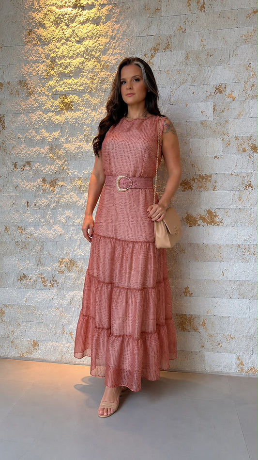 Vestido Midi Tule Poa Cinto PIS- Rosa 6329