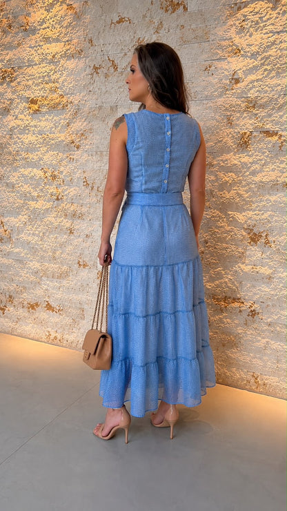 Vestido Midi Tule Poa Cinto PIS- Azul 6329