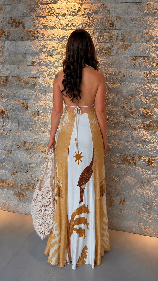 Vestido Longo Flor Crochê Busto ARTE- Estampado 5437