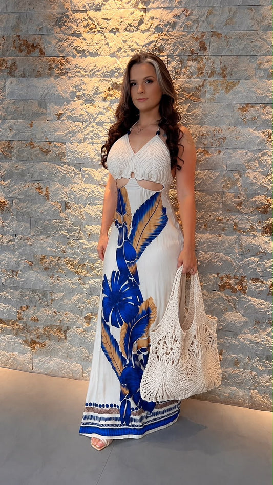Vestido Longo Busto Crochê Flor Azul Grande ARTE- Estampado 5440