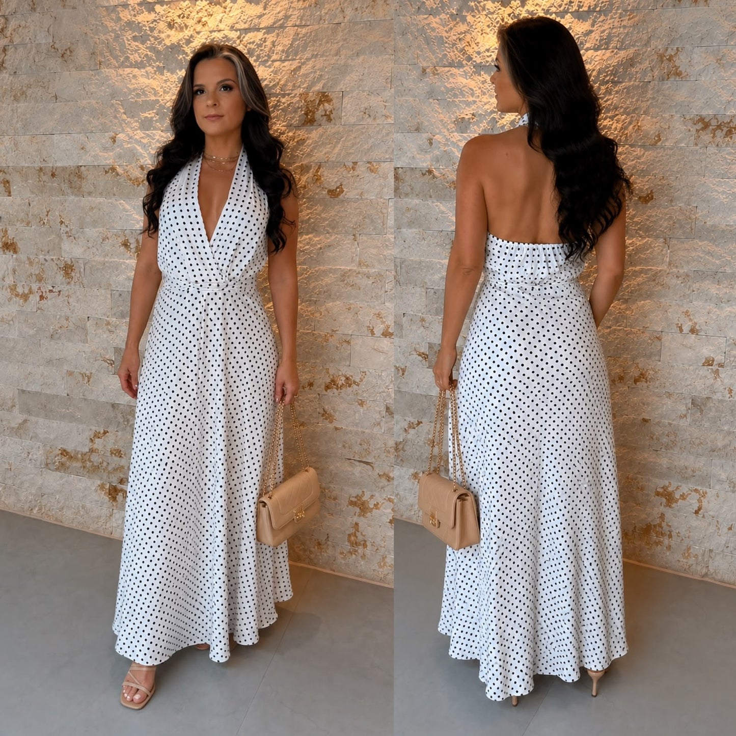 Vestido Longo Frente Única Poá- Branco 5909