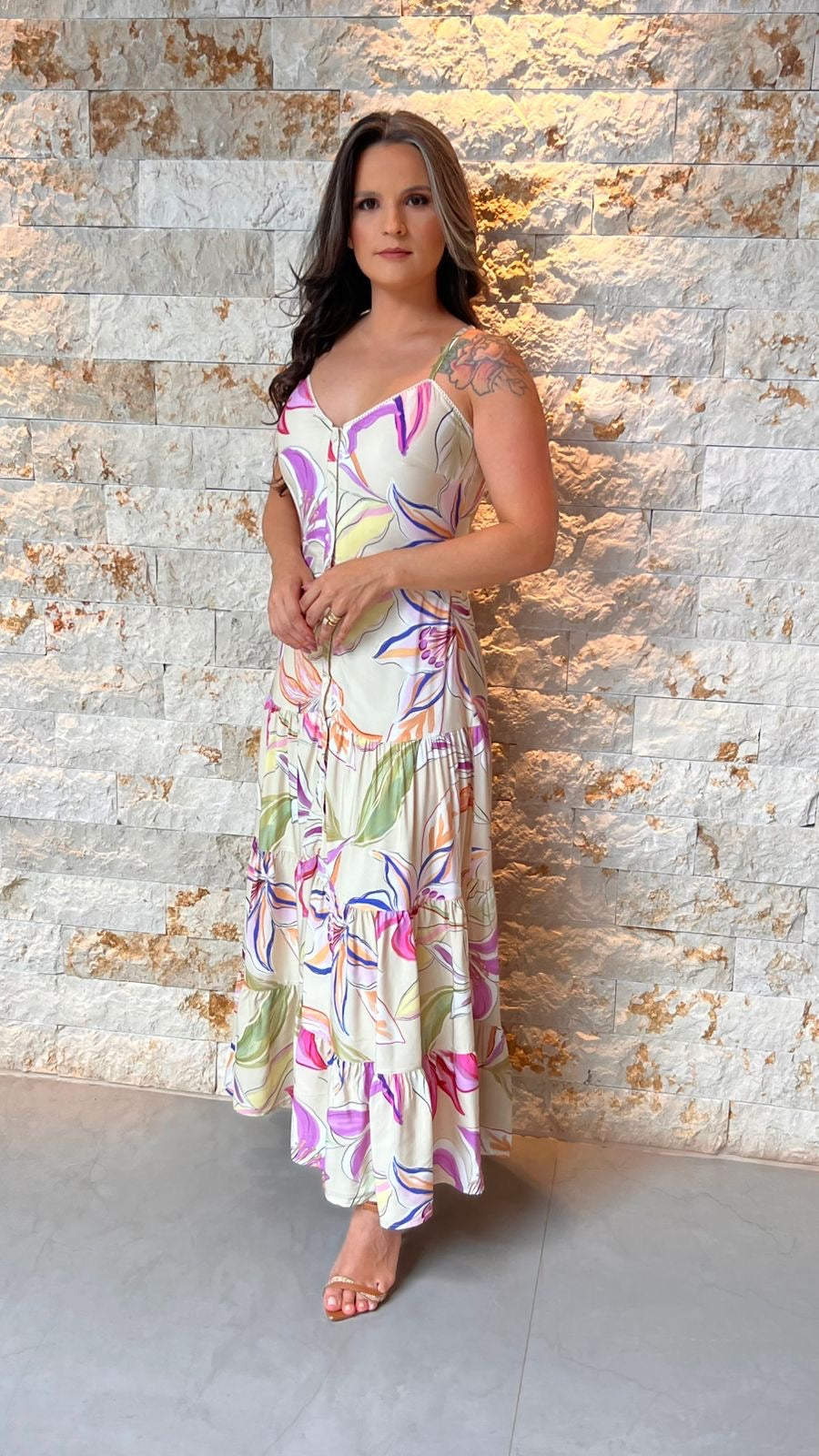 Vestido Midi Alcinha BT Estampa Lilas PIS- Estampado 6043