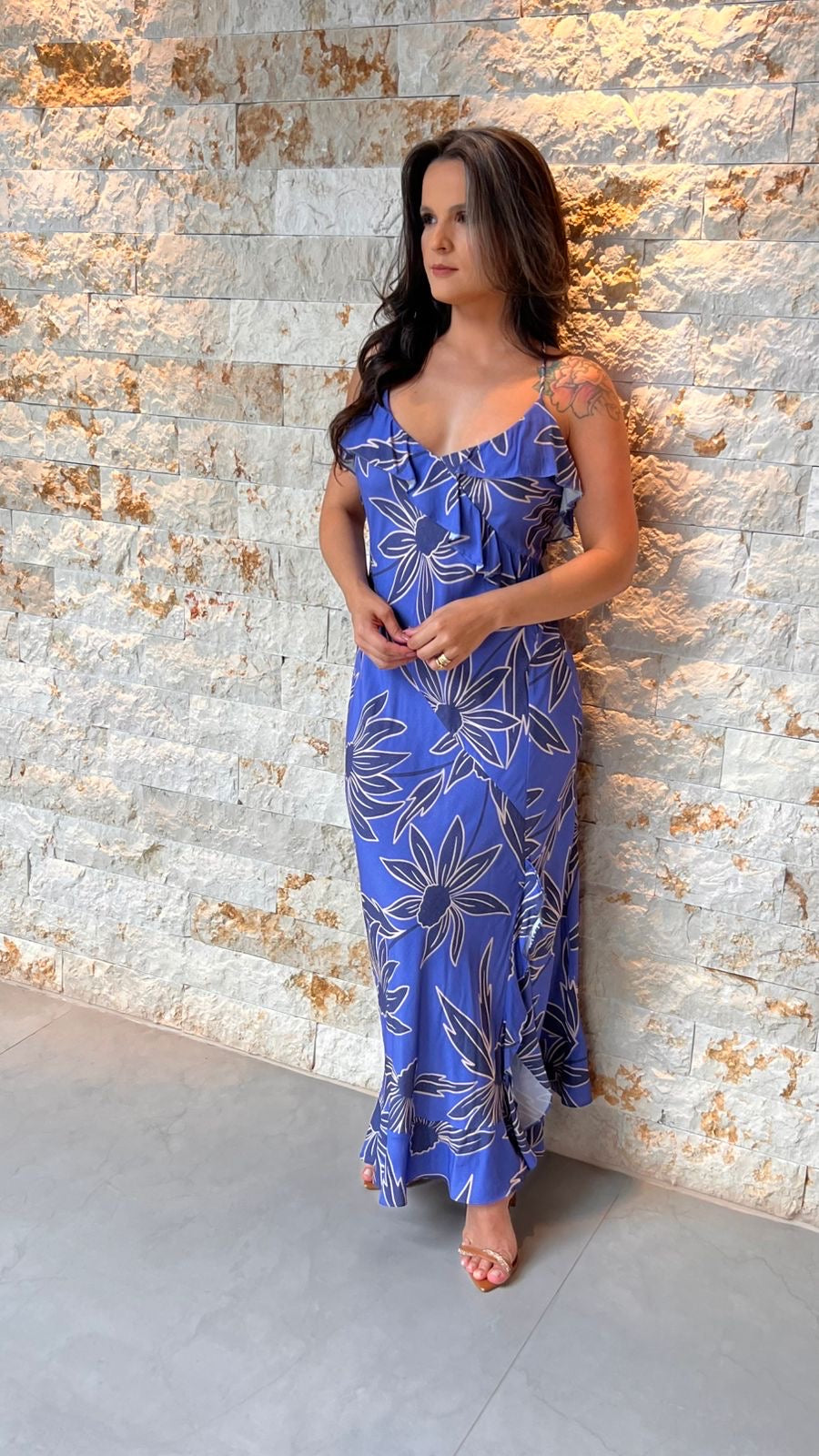 Vestido Midi Babado Decote PIS- Estampado 6042