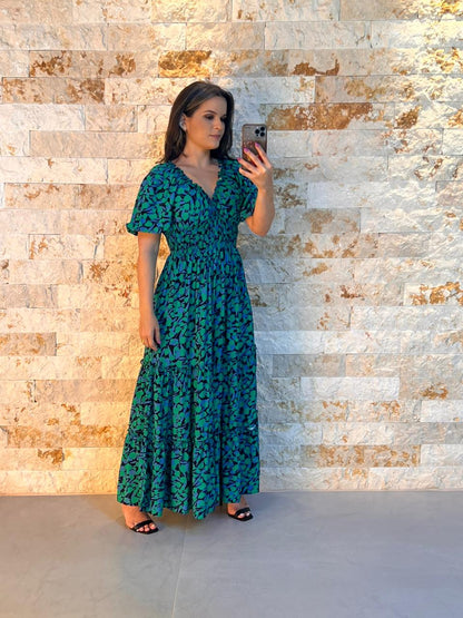 Vestido Longuete Lastex Folhas Verdes PIS - Estampado 5289