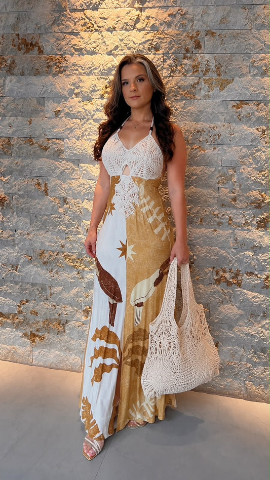 Vestido Longo Flor Crochê Busto ARTE- Estampado 5437