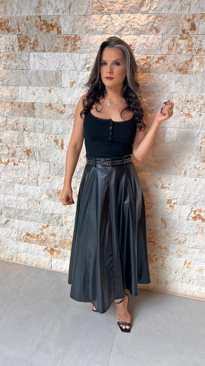 Saia Midi Couro Cinto EAG- Preto 5724