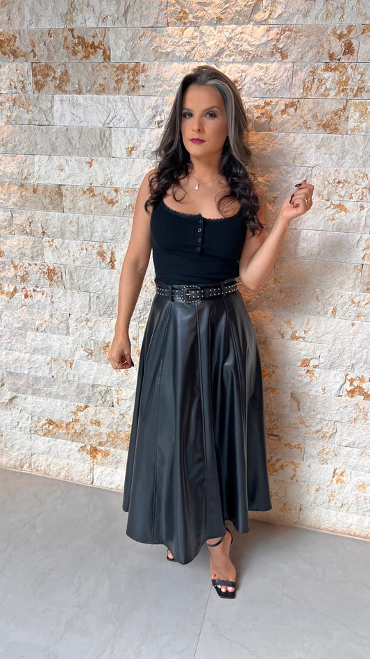 Saia Midi Couro Cinto EAG- Preto 5724