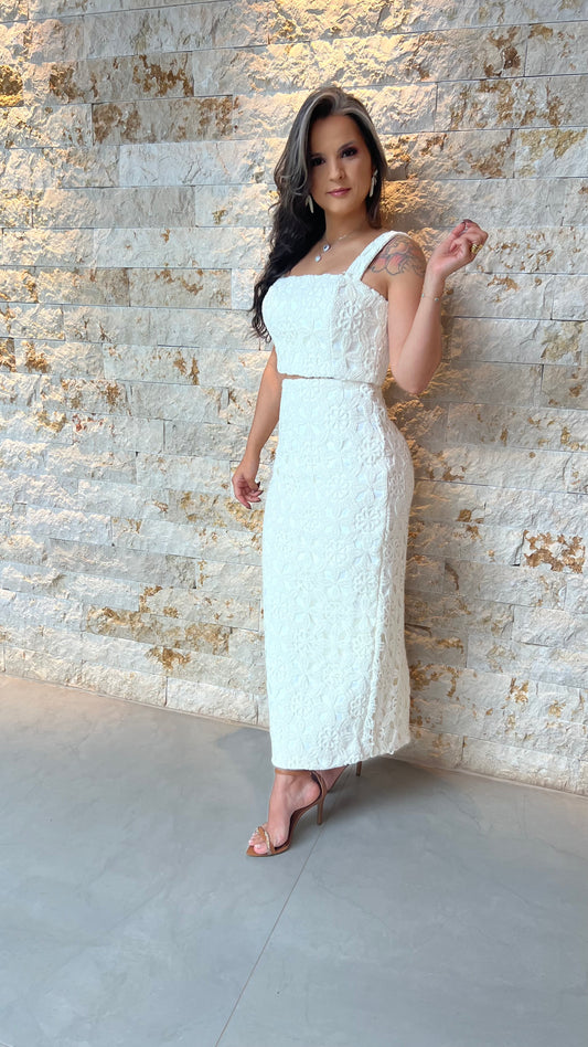 Conjunto Bordado Toper e Saia Midi CLOSE- Branco 5955
