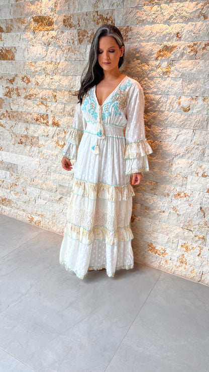 Vestido Longo Boho Barrado Brilho Poli Bicalho- Branco 5531