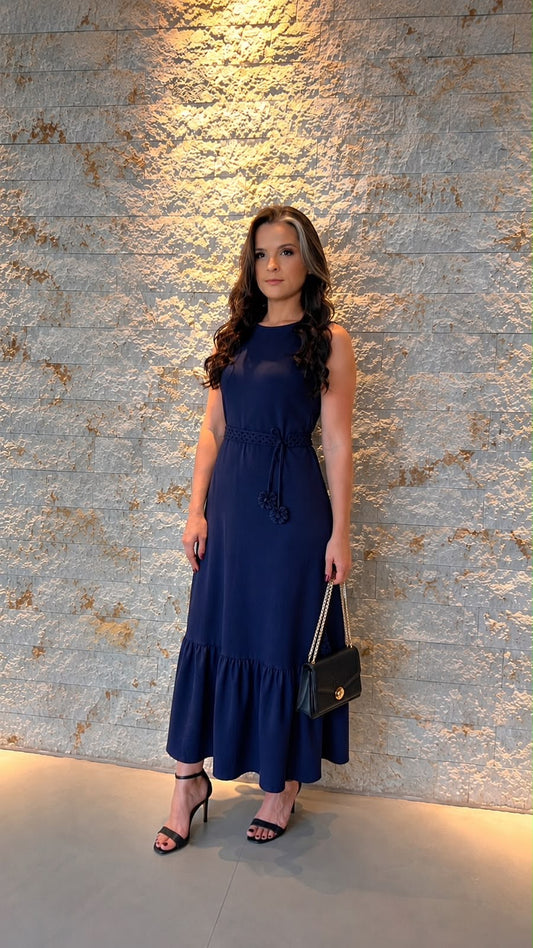 Vestido Midi Cinto Flor PIS- Azul Marinho 6328