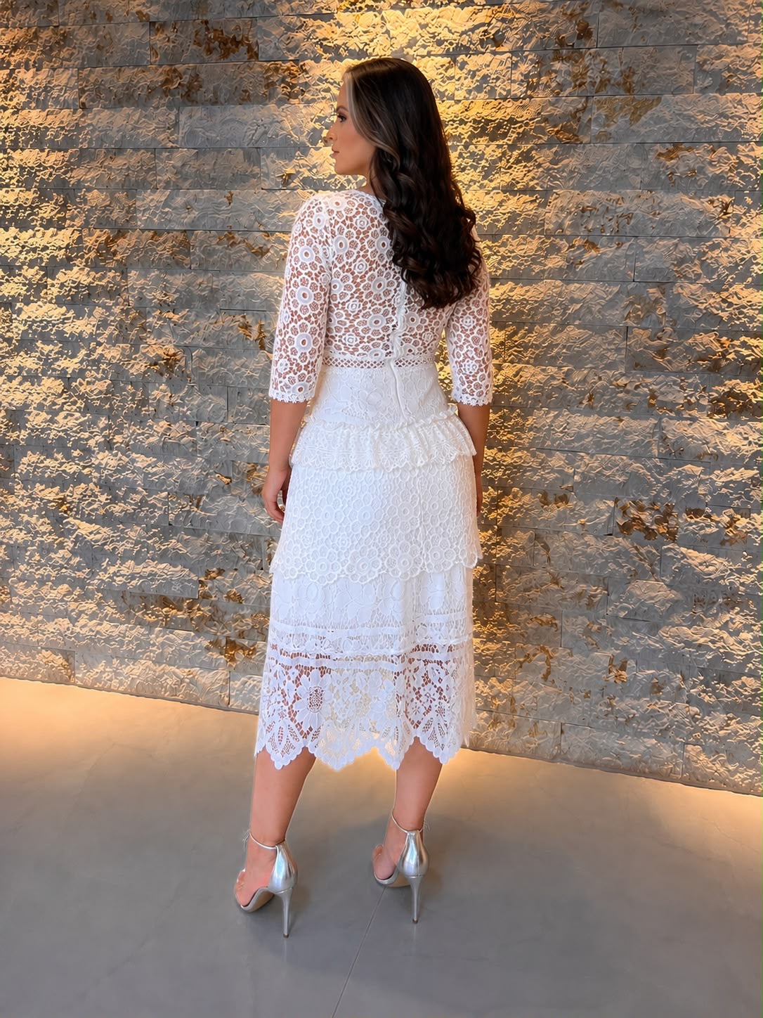 Vestido Midi Guipir Renda - Off/ Branco 4891