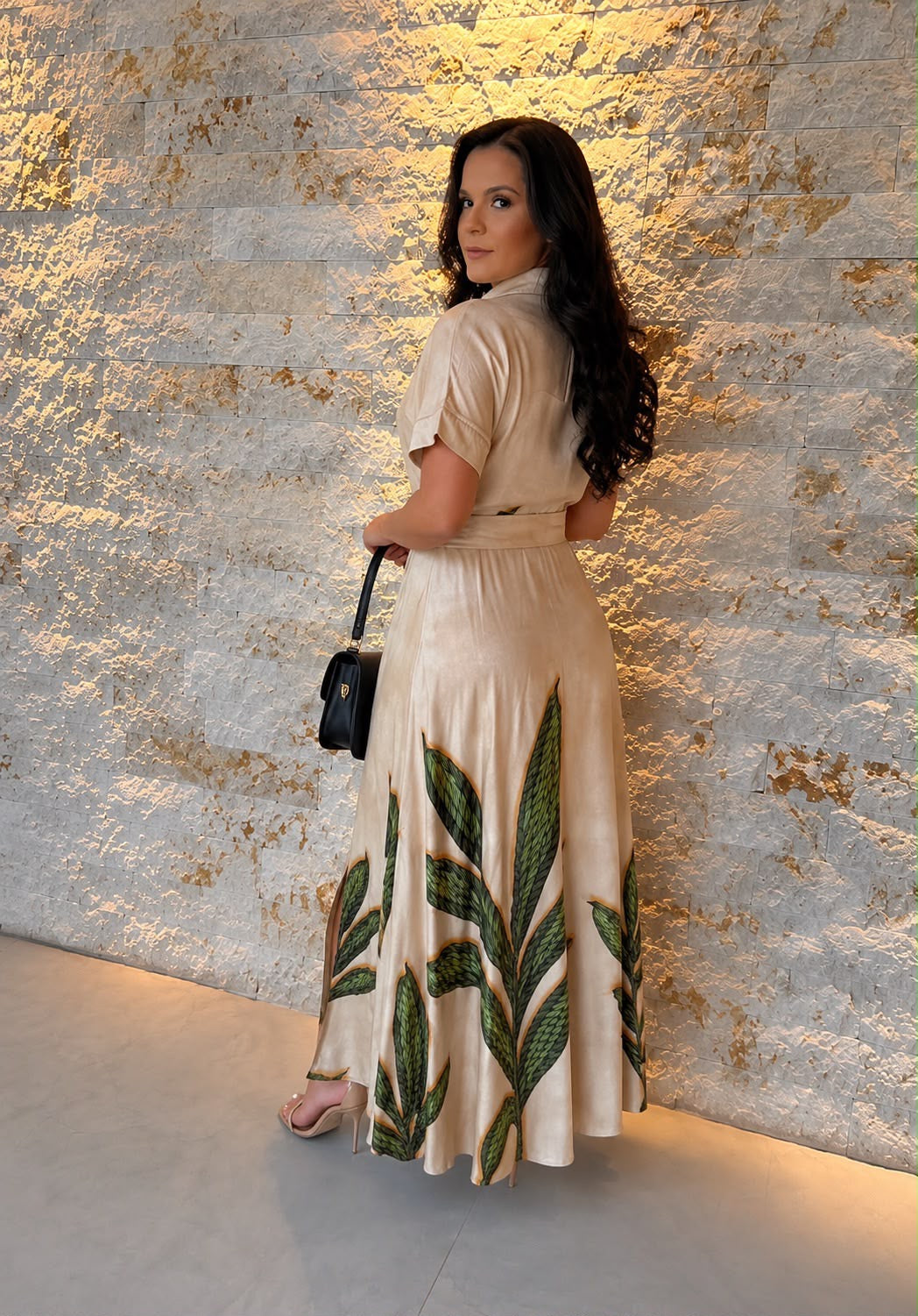 Vestido Midi Cinto Folhagem PIS - Estampado 5369