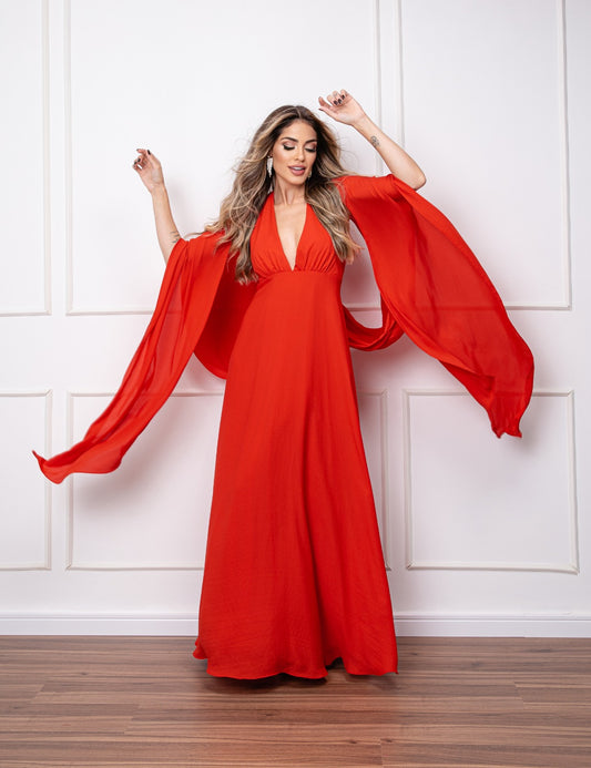 Flowy Sleeve Long Dress - Red