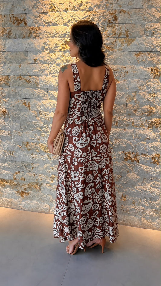 Vestido Midi Alça Fina Flores Marrom PIS- Estampado 6075