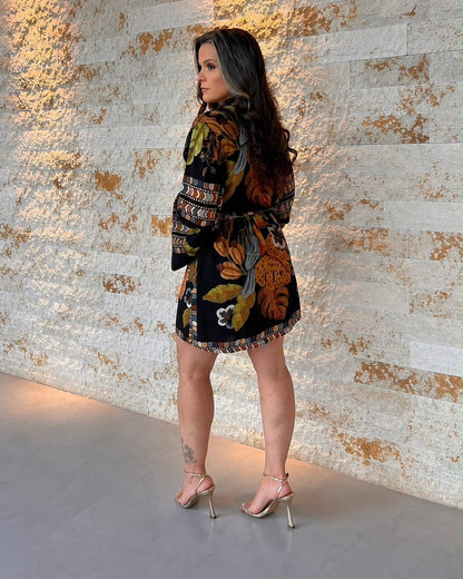 Vestido Curto Transpasse Manga Botões ARTE- Estampado 6169