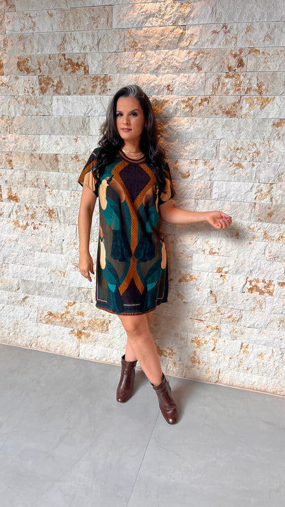 Vestido Curto Gola Tricô Pássaro ARTE- Estampado 5726