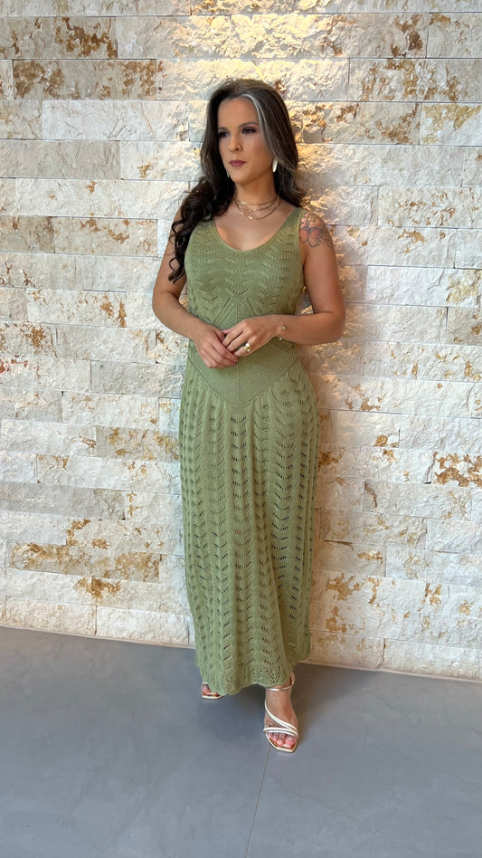 Vestido Midi Tricô Cintura Baixa POLI- Verde 5912