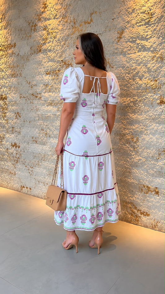 Vestido Mídi Manga Princesa Bordado FRAN- Estampado Roxo 6053