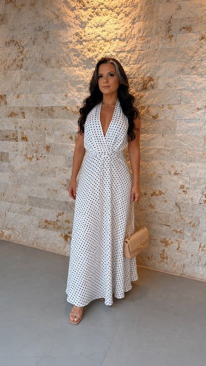 Vestido Longo Frente Única Poá- Branco 5909