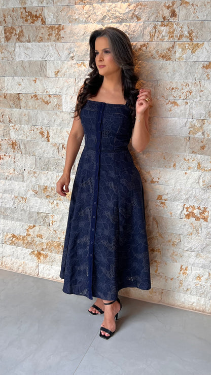 Vestido Midi Tec Trabalhado PIS- Azul Marinho 5961