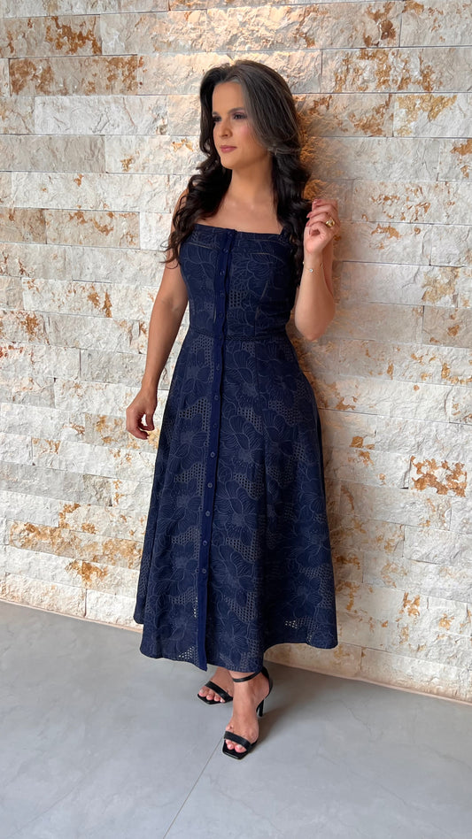 Vestido Midi Tec Trabalhado PIS- Azul Marinho 5961