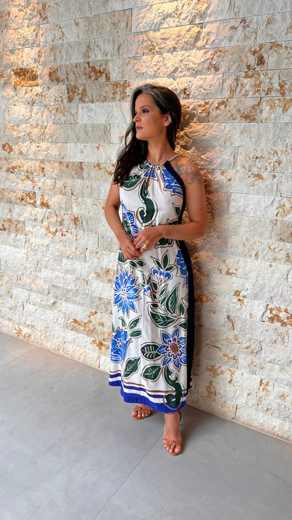 Vestido Midi Fenda Flor Azul PIS- Estampado 5529