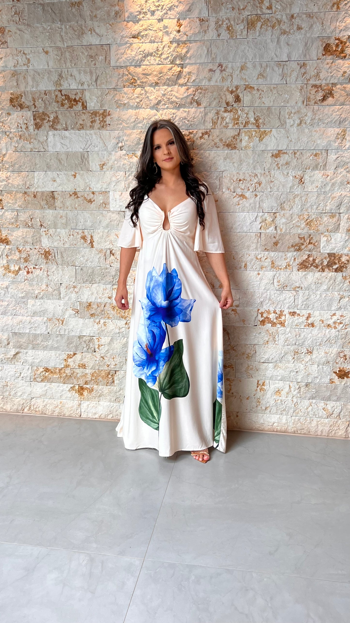 Vestido Longo Manga Buf Dec U POLI- Estampado 6058