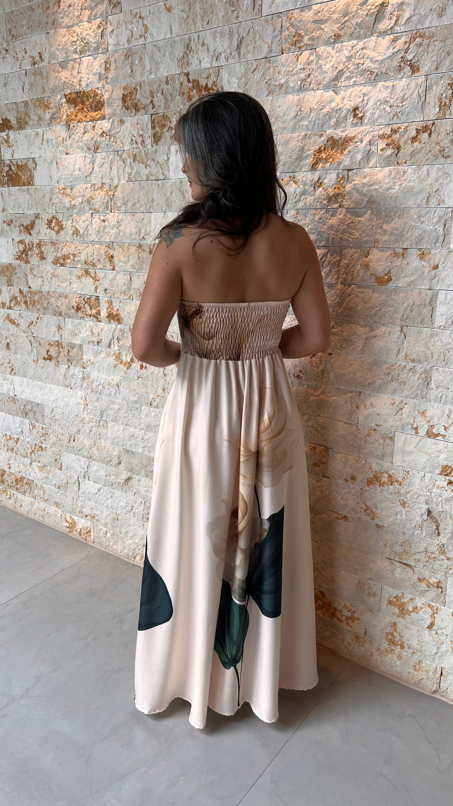 Vestido Longo Tomara Que Caia Flor POLI- Nude 6045