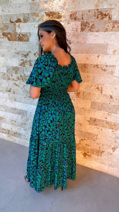 Vestido Longuete Lastex Folhas Verdes PIS - Estampado 5289