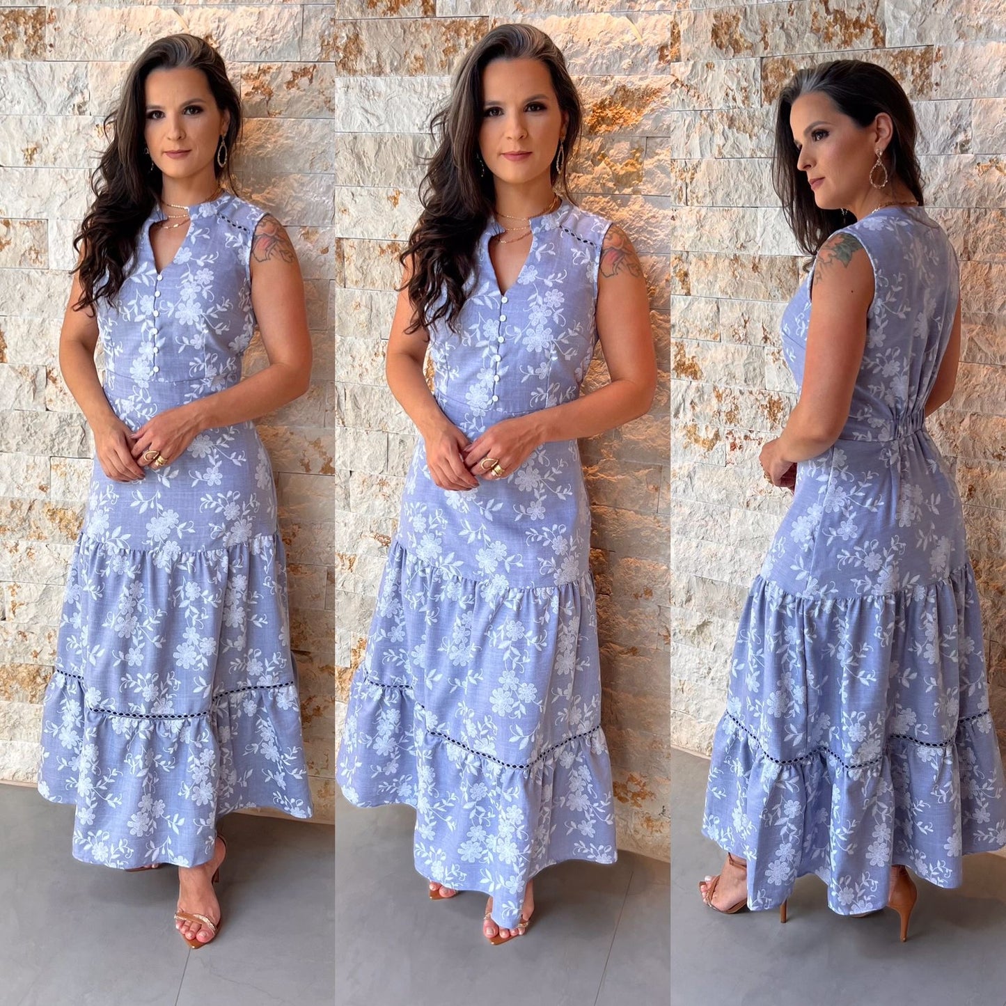 Vestido Midi Três Marias Bordado PIS- Azul 6025