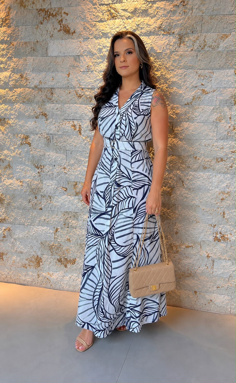 Vestido Midi Cinto Folhagem Azul PIS- Estampado 6002
