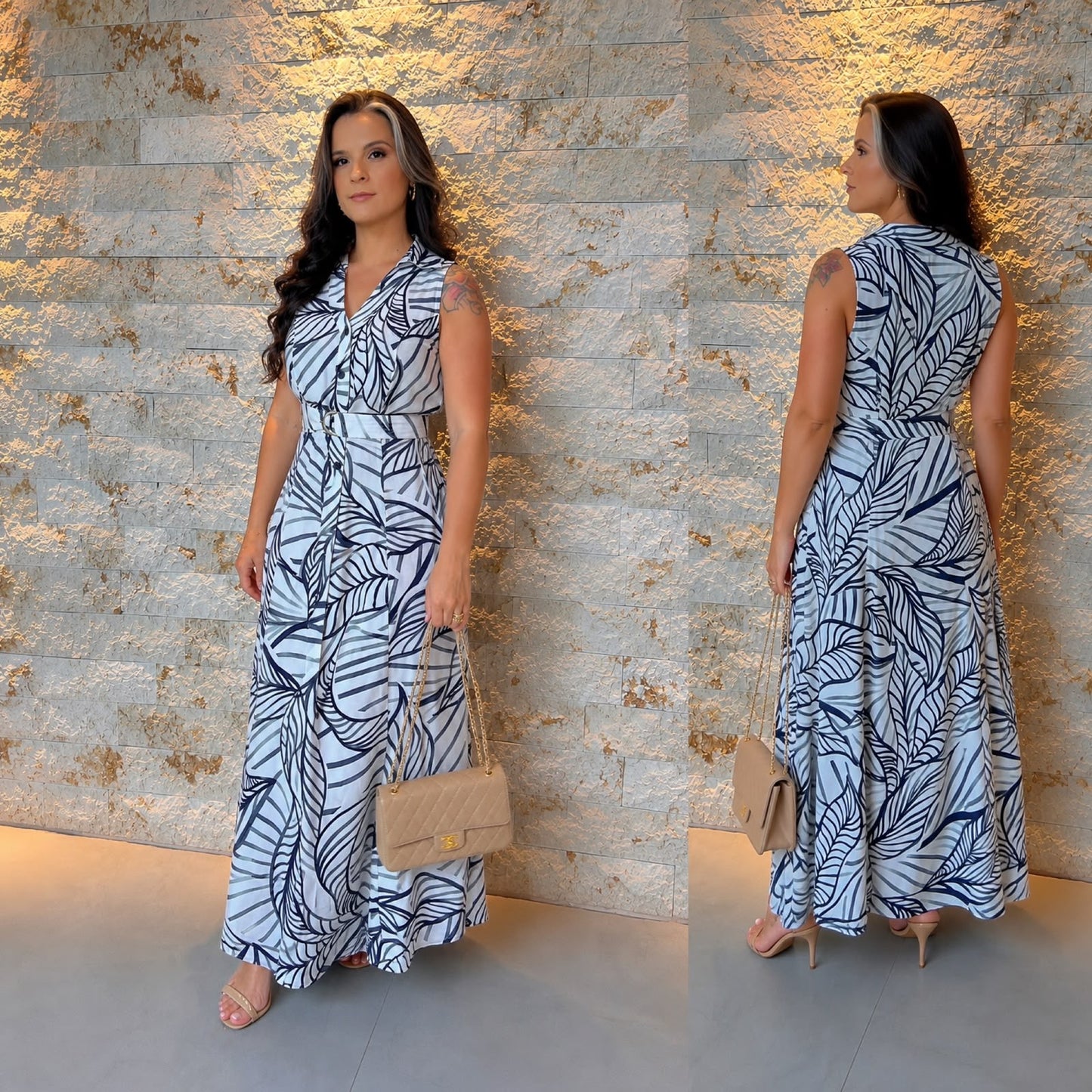 Vestido Midi Cinto Folhagem Azul PIS- Estampado 6002