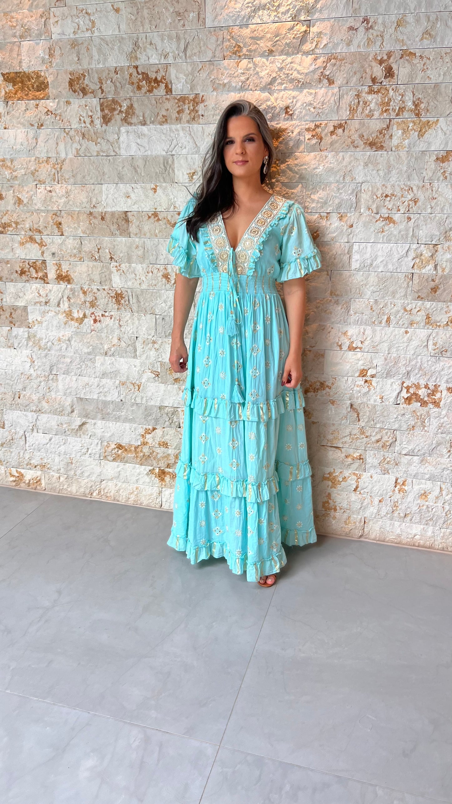 Vestido Longo Boho Poli Bicalho- Azul