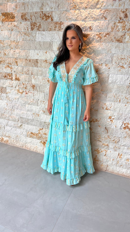 Vestido Longo Boho Poli Bicalho- Azul