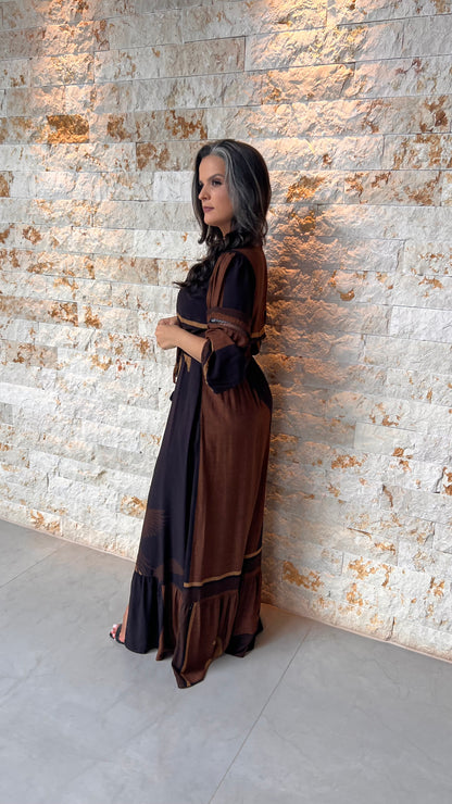 Vestido Longo Fenda Frontal ARTE- Estampado Marrom 5728