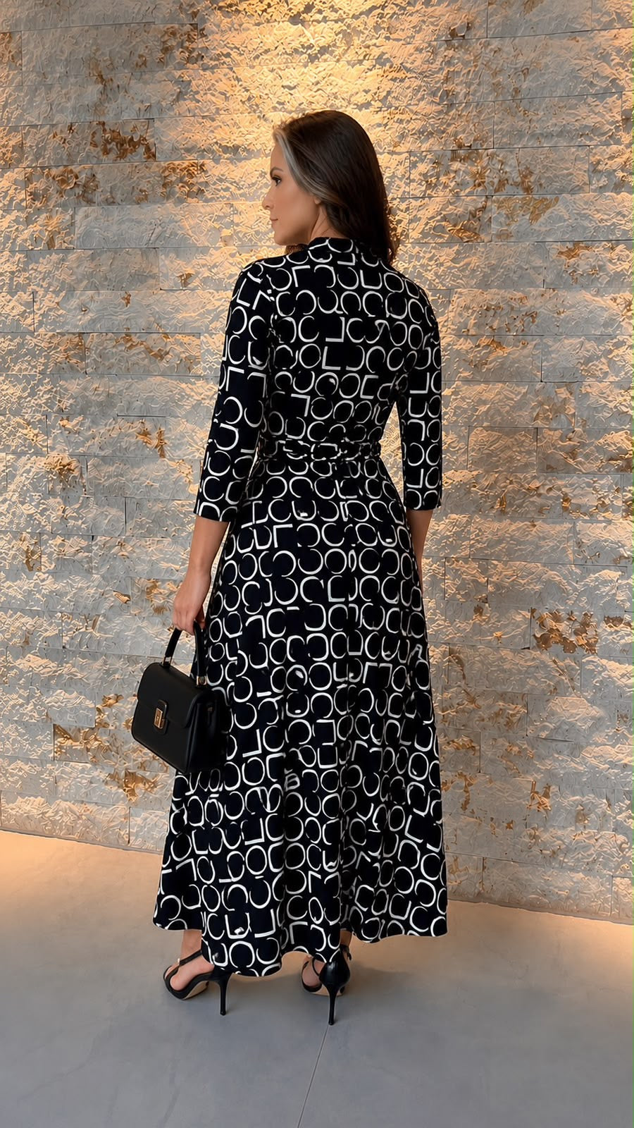 Vestido Midi Manga Cinto Jersey - Estampado P e B 5052